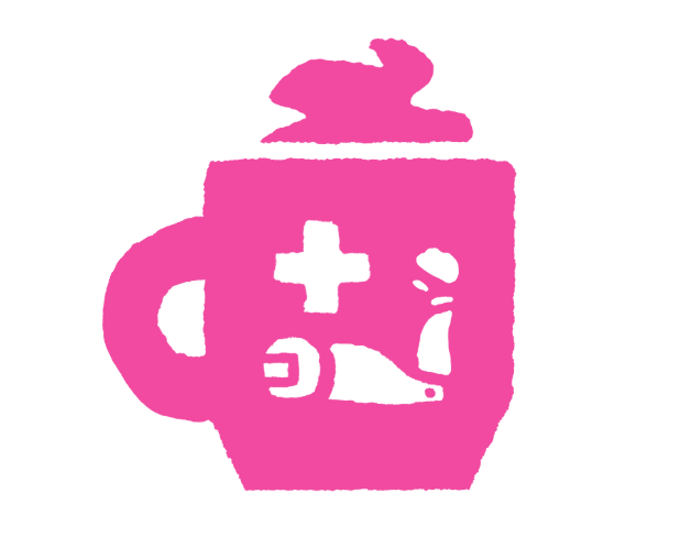 Sketchy design of a pink mug, with a flexing cybernetic arm and a plus sign in white.